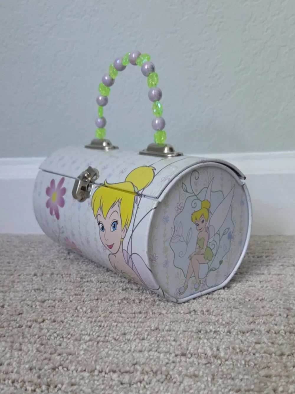 Lot Vintage Disney Fairy TINKER BELL Round Backpack and Beaded Handled Tin Box